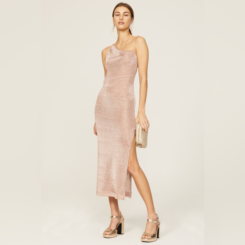 Third Form Heavy Metal Knit Cowl Sheer Slip Midi Dress Rose Gold Size 8